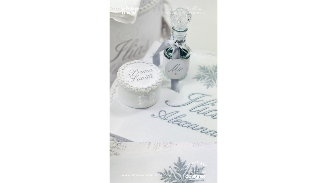 Trusou de botez alb cu gri si dantela bumbac brodata Fulg de Nea 7